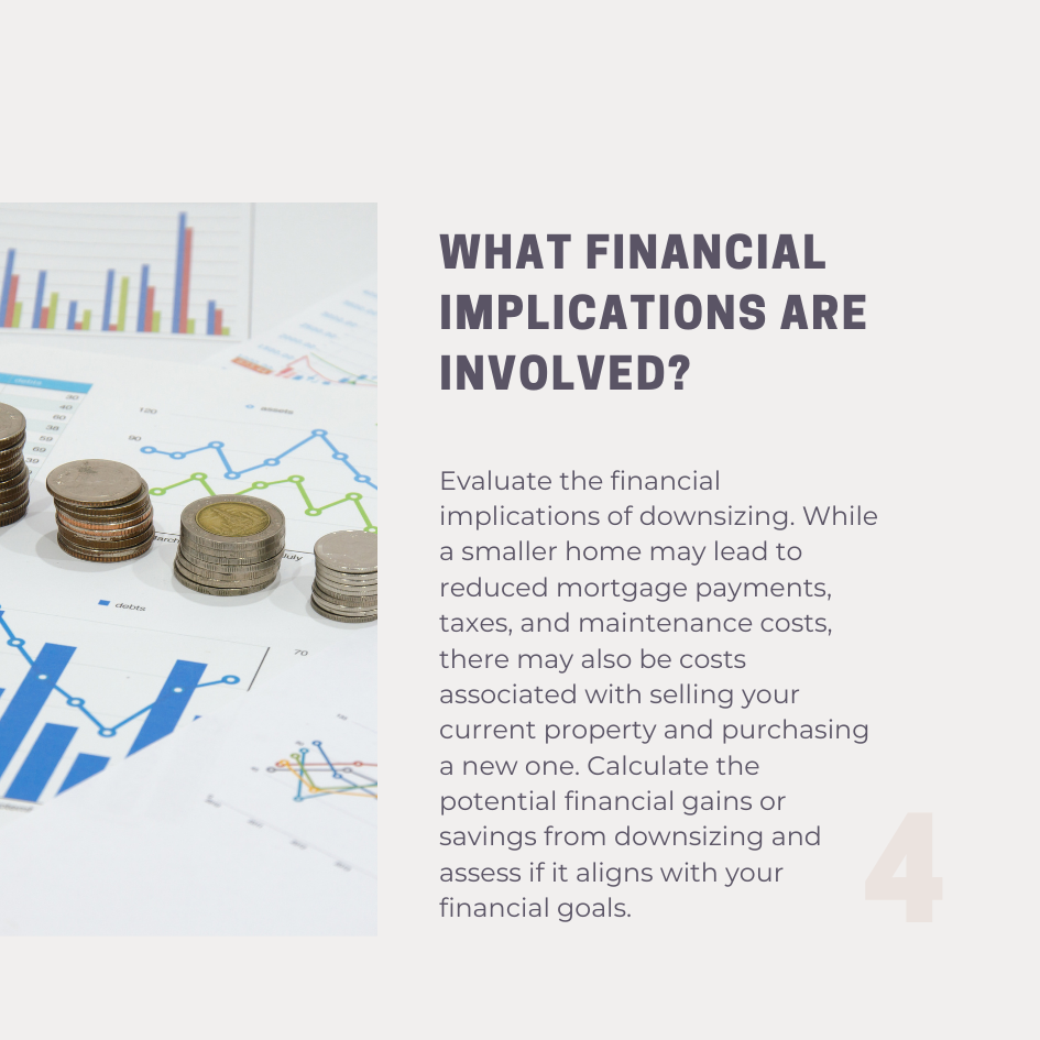 Evaluate the financial implications of downsizing. While a smaller home may lead to reduced mortgage payments, taxes, and maintenance costs, there may also be costs associated with selling your current property and purchasing a new one. Calculate the potential financial gains or savings from downsizing and assess if it aligns with your financial goals.